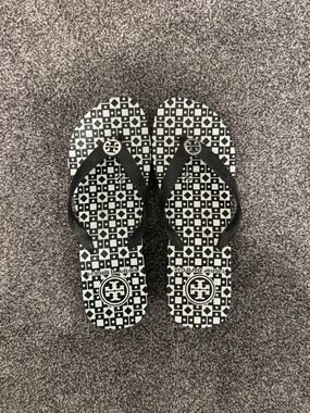 Tory Burch Black & White Geometric Logo Flip Flops